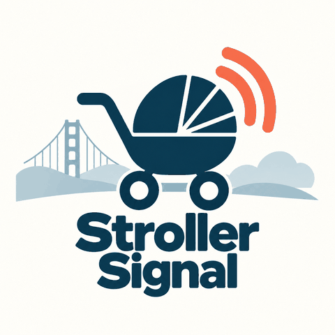 Stroller Signal logo: a stroller sending out a signal in front of the Golden Gate Bridge